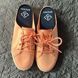 Coral colored sperry open back sneakers